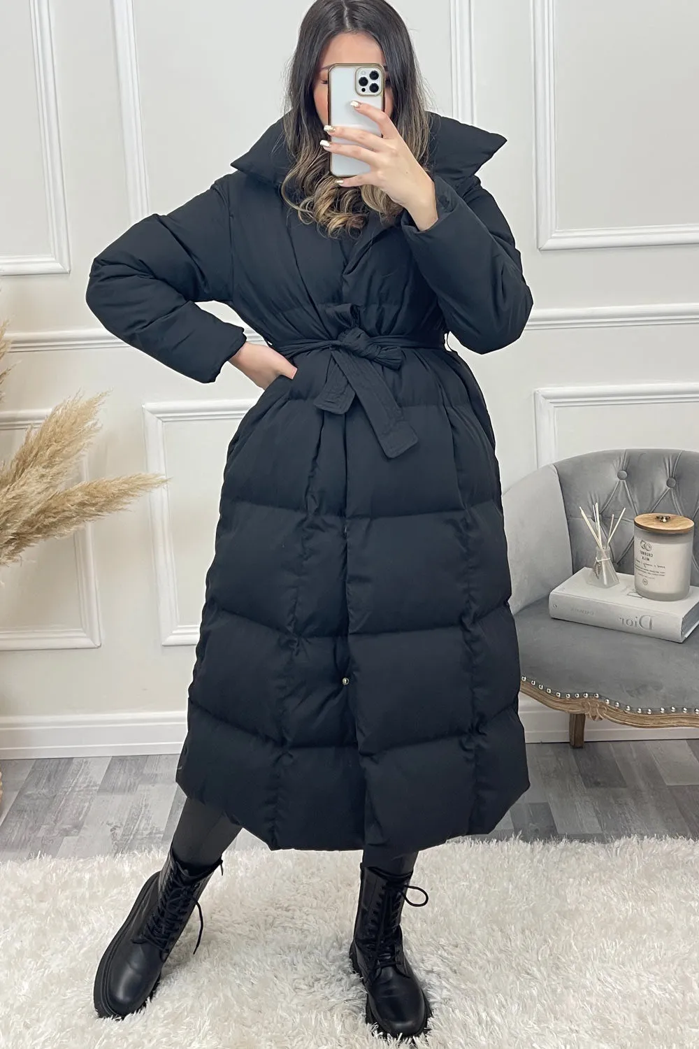 Jazz Black Padded High Neck Belted Longline Coat