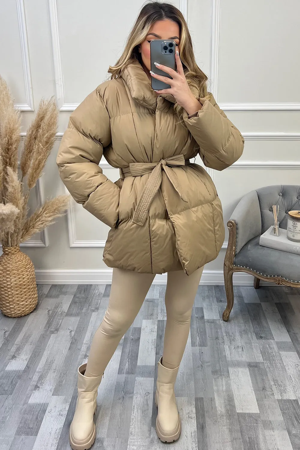 Lana Beige Belted Padded Duvet Coat