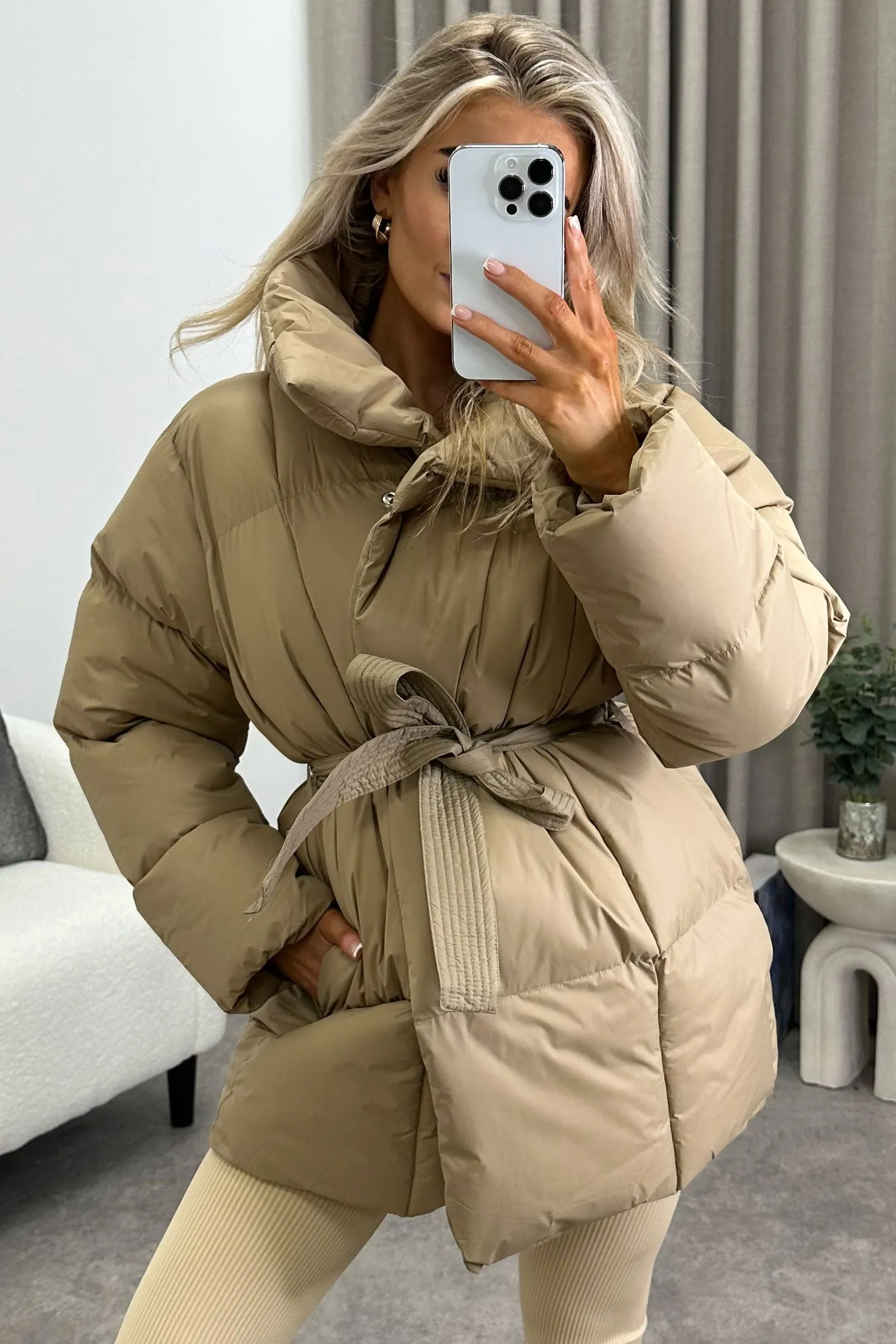 Lana Beige Belted Padded Duvet Coat