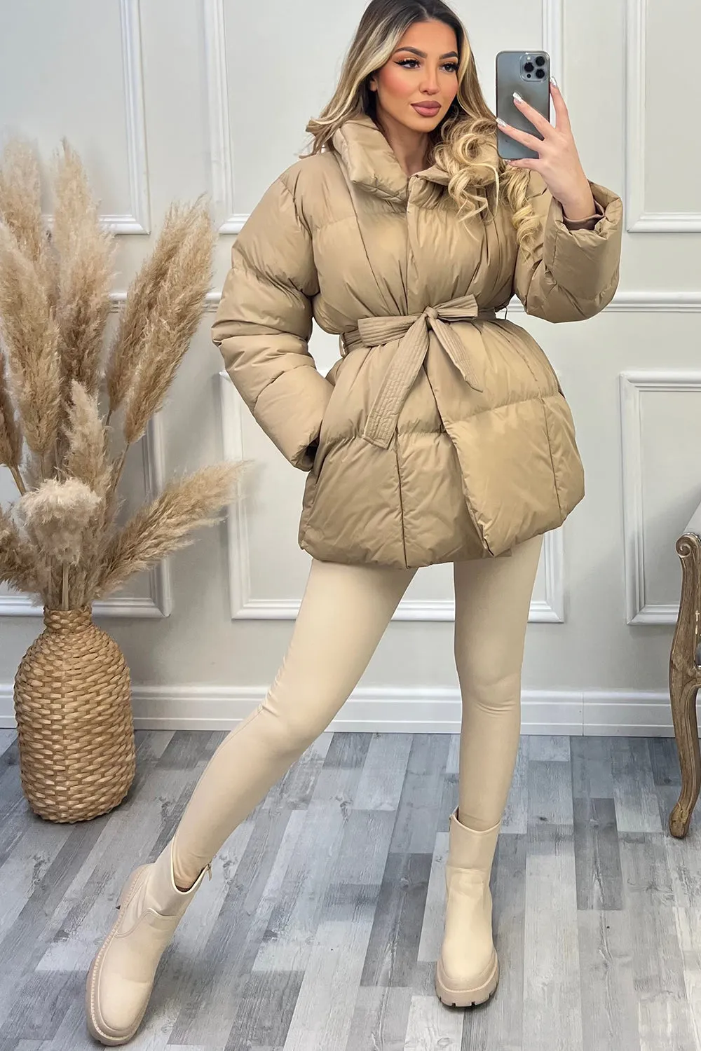 Lana Beige Belted Padded Duvet Coat