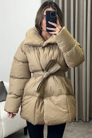 Lana Beige Belted Padded Duvet Coat