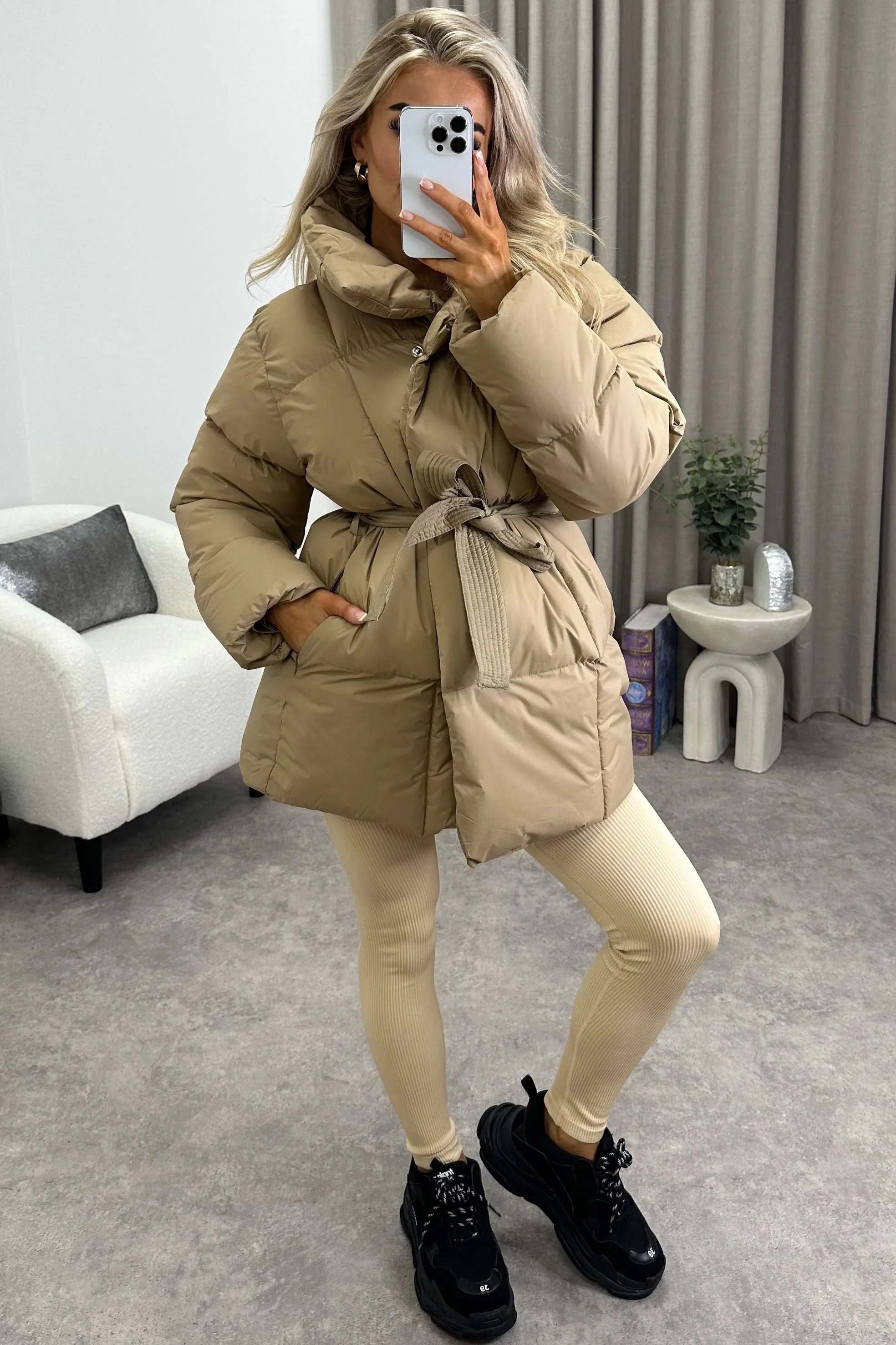 Lana Beige Belted Padded Duvet Coat