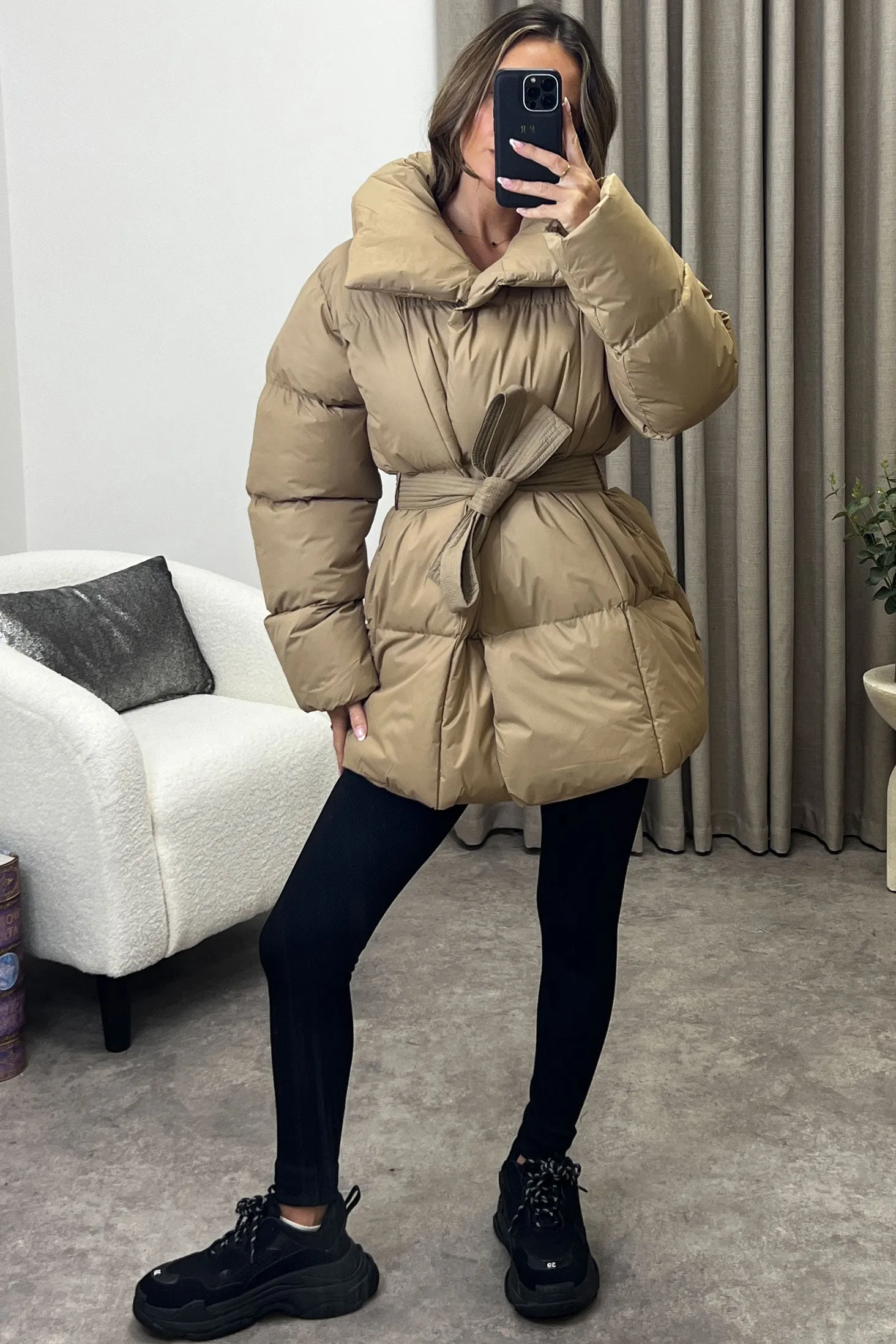 Lana Beige Belted Padded Duvet Coat