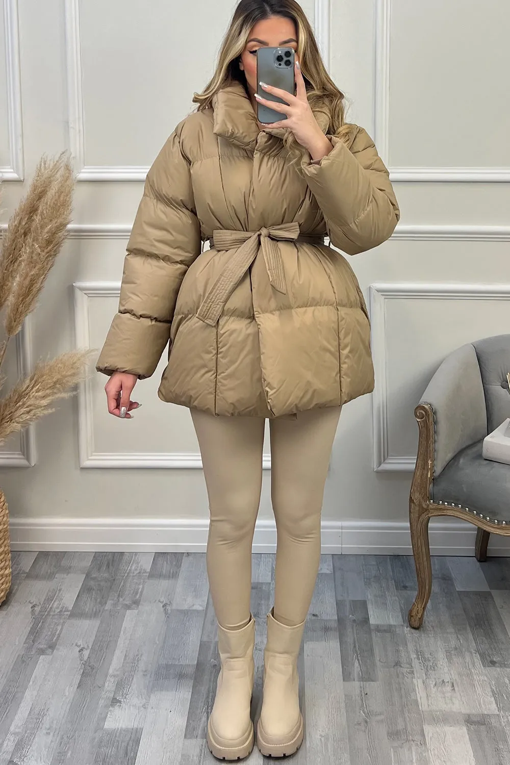 Lana Beige Belted Padded Duvet Coat