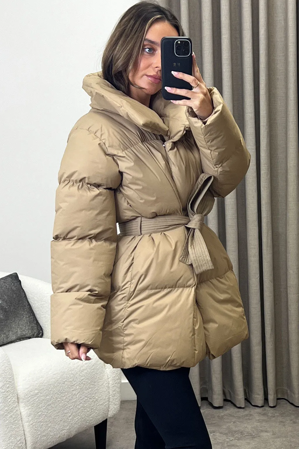 Lana Beige Belted Padded Duvet Coat