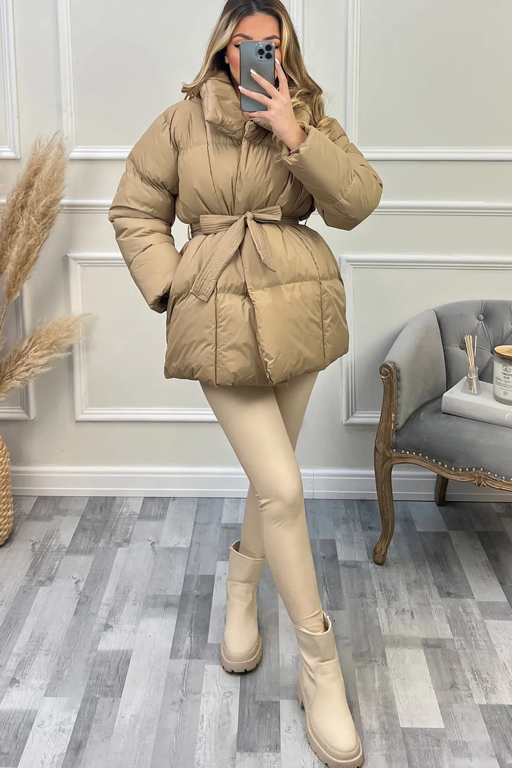 Lana Beige Belted Padded Duvet Coat