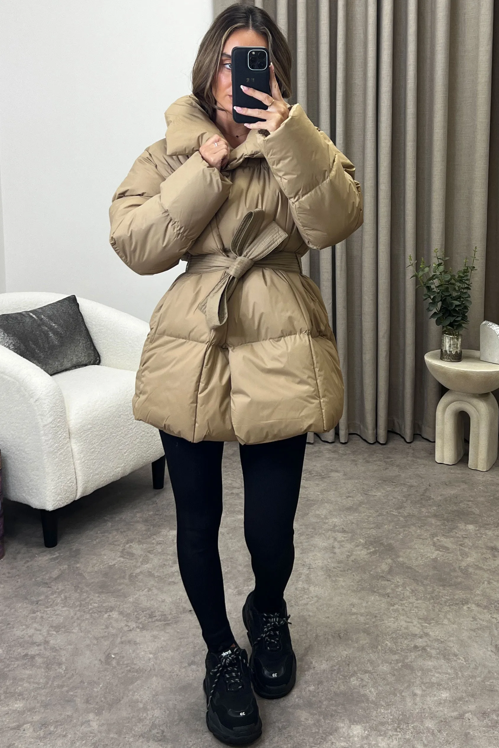 Lana Beige Belted Padded Duvet Coat