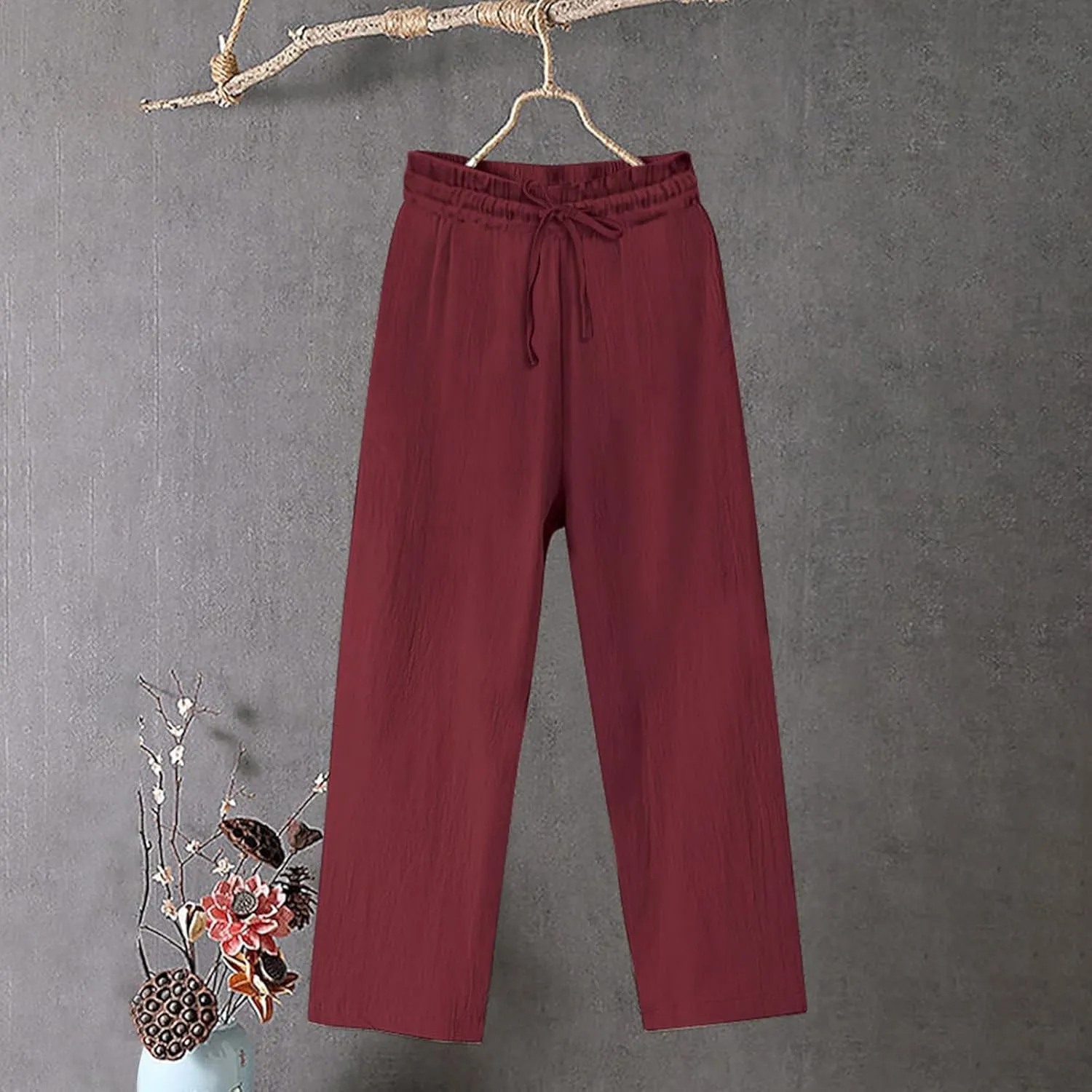Lmdudan 2025 Summer Plus Size Cotton Linen Pants for Women High Waisted Lounge Trousers Wide Leg Palazzo Pant with Pockets