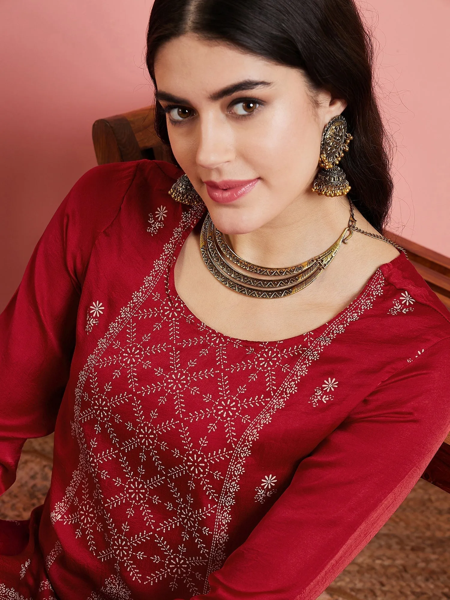 Maroon Foil Printed Regular Kurta With Trousers