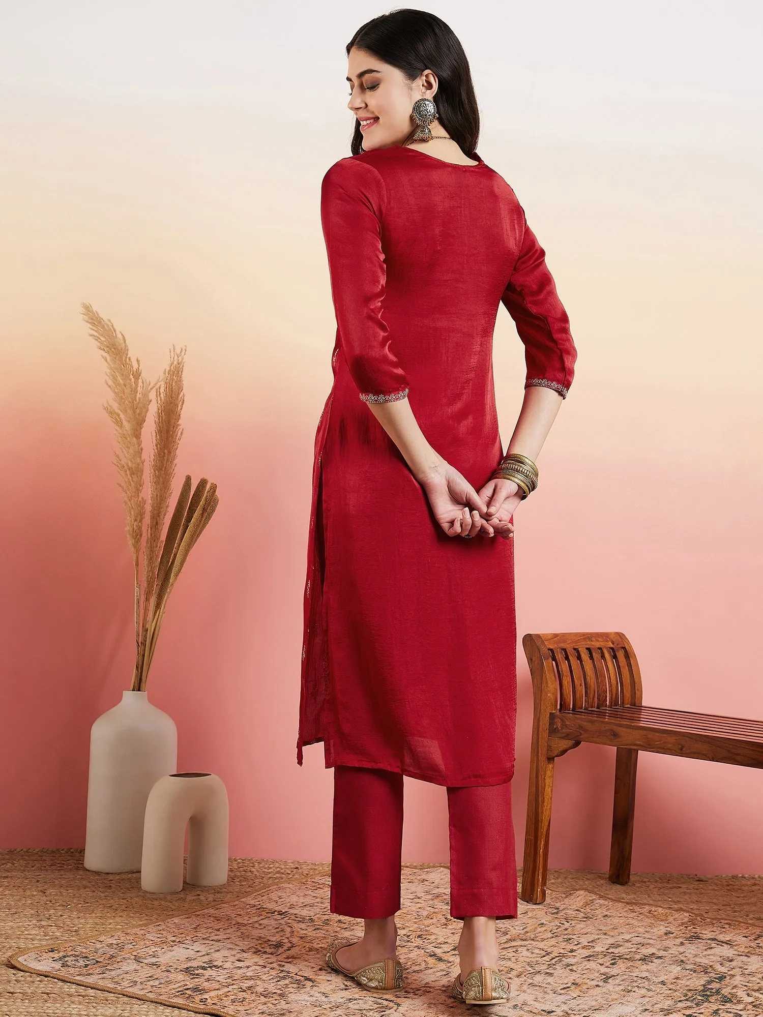 Maroon Foil Printed Regular Kurta With Trousers