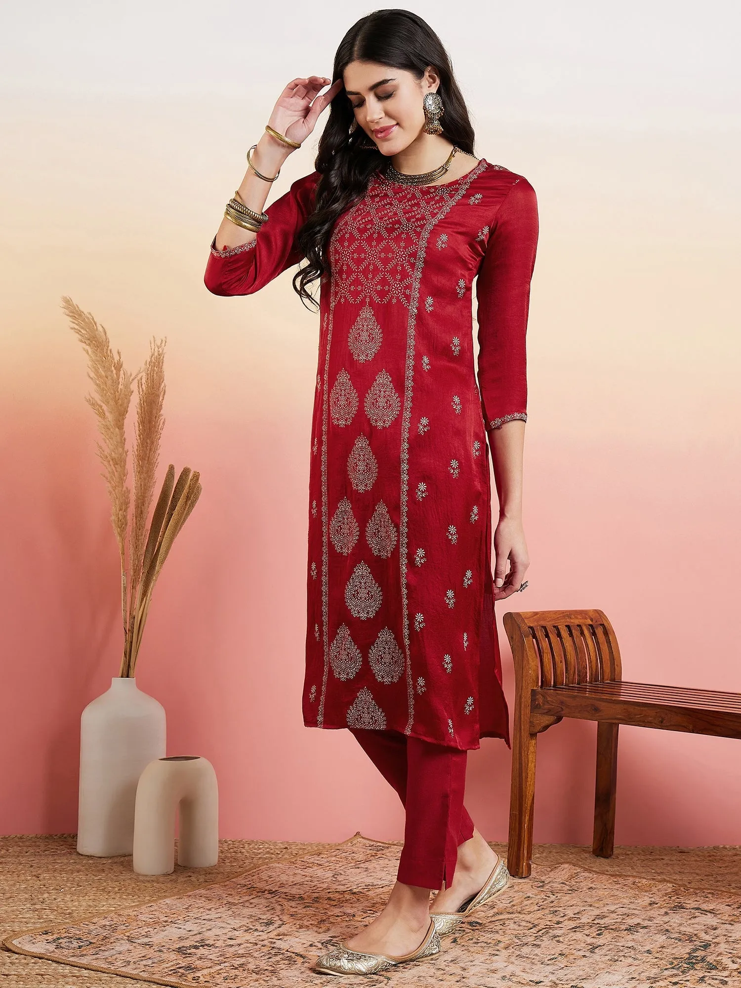 Maroon Foil Printed Regular Kurta With Trousers