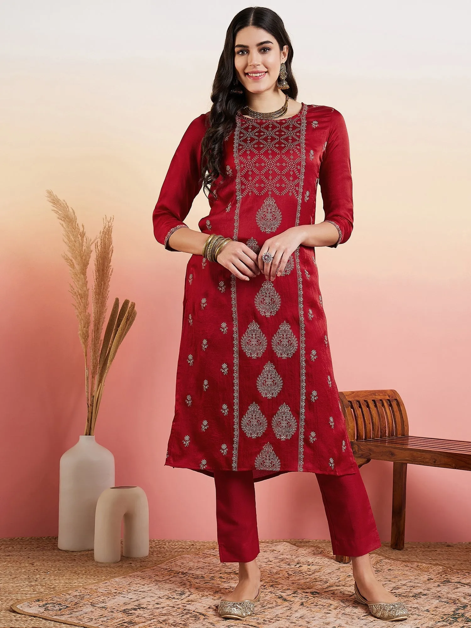 Maroon Foil Printed Regular Kurta With Trousers