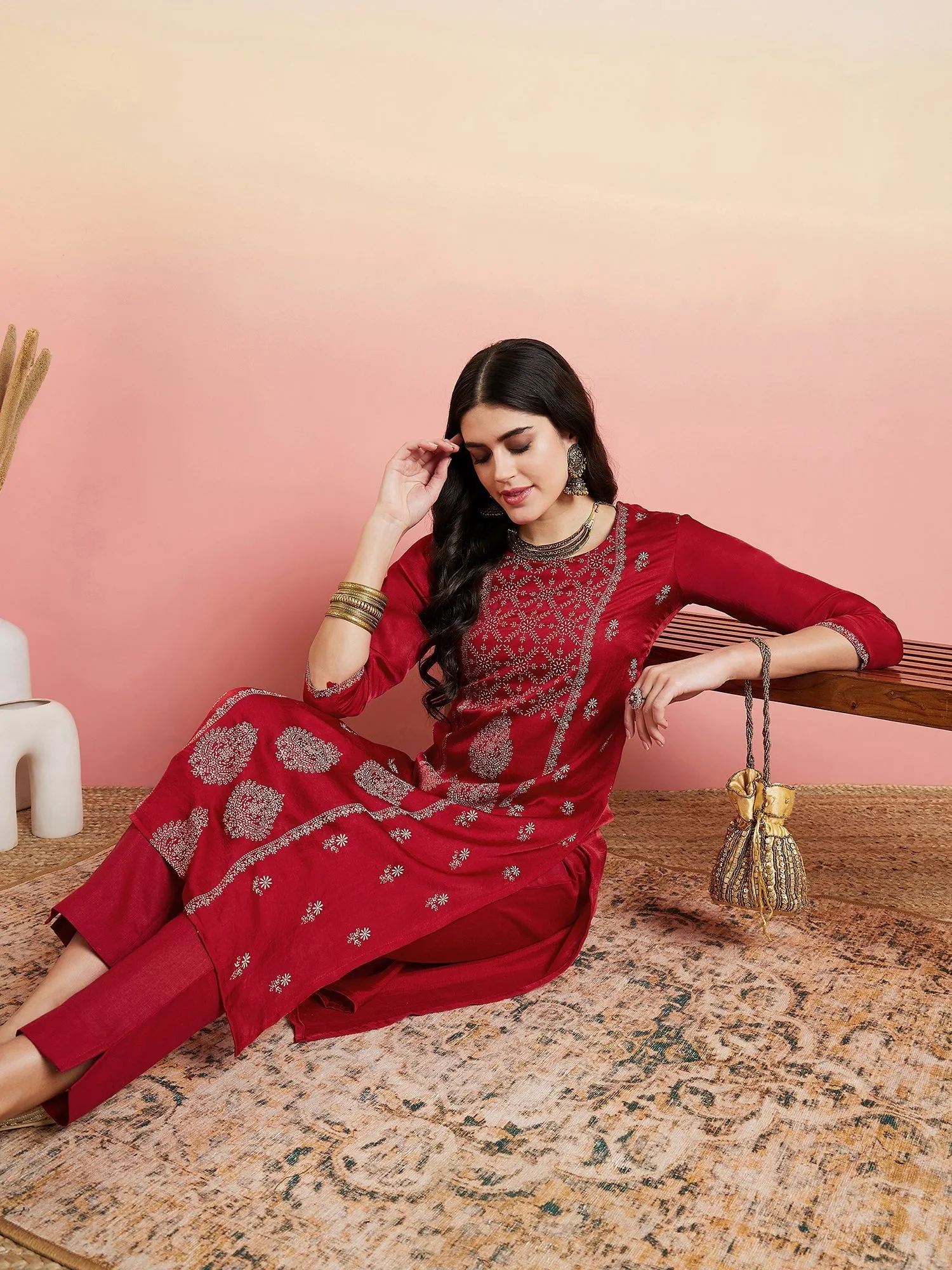 Maroon Foil Printed Regular Kurta With Trousers