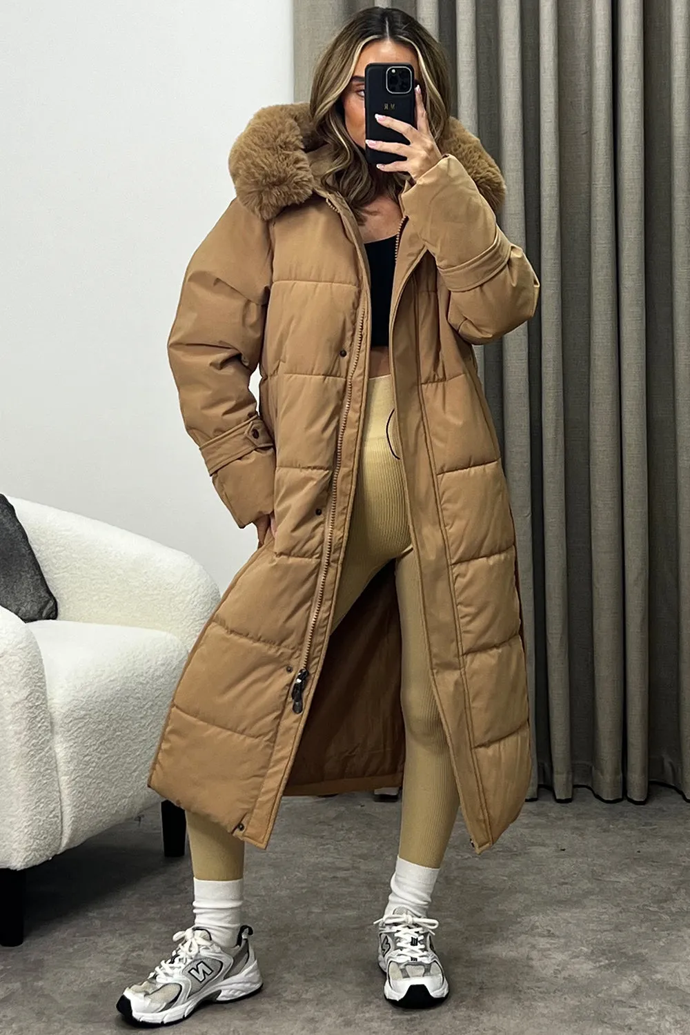 Melanie Beige Faux Fur Hooded Padded Longline Coat