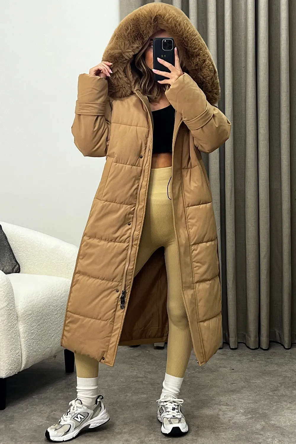 Melanie Beige Faux Fur Hooded Padded Longline Coat