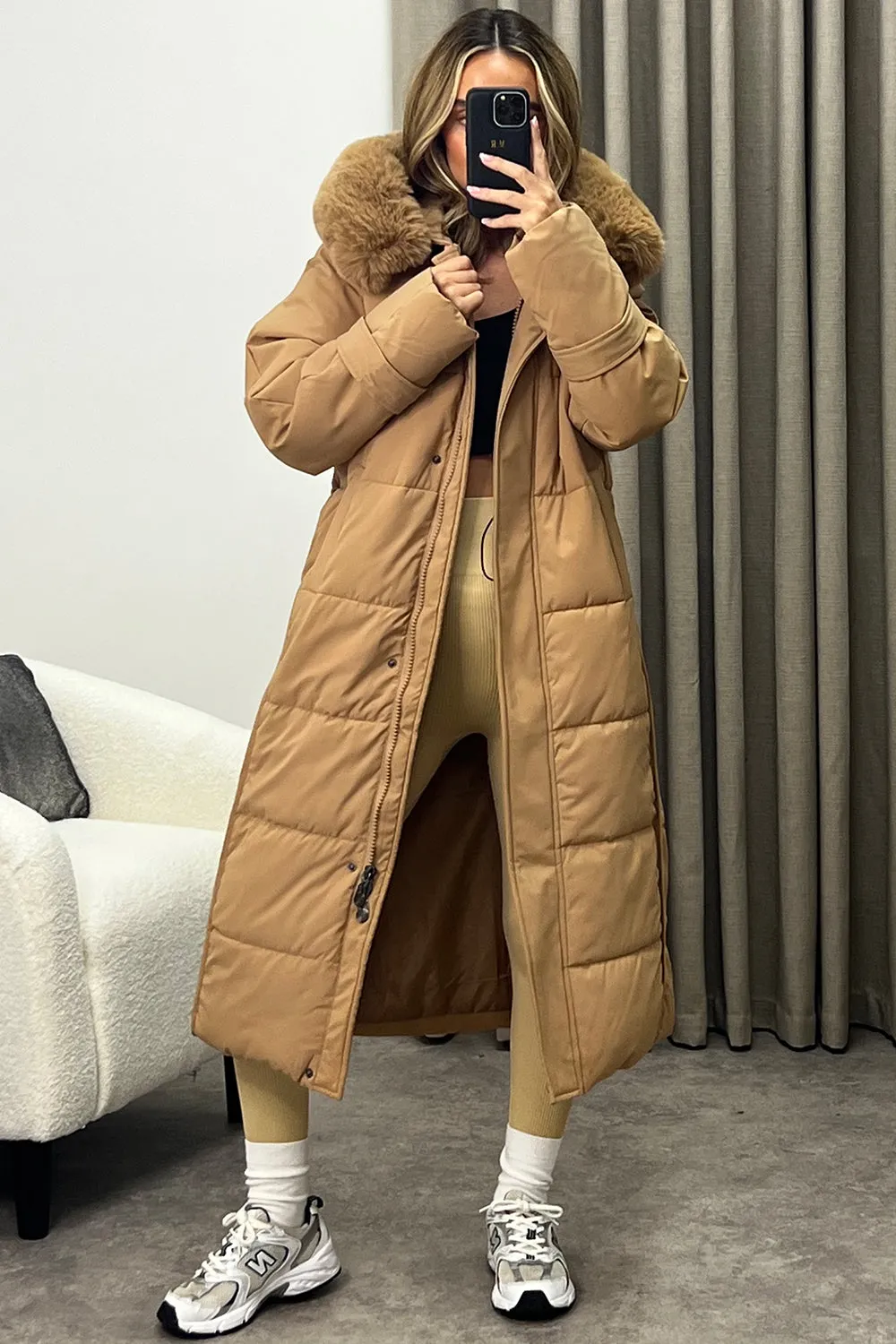 Melanie Beige Faux Fur Hooded Padded Longline Coat