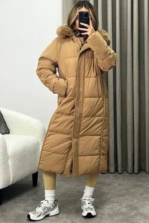 Melanie Beige Faux Fur Hooded Padded Longline Coat
