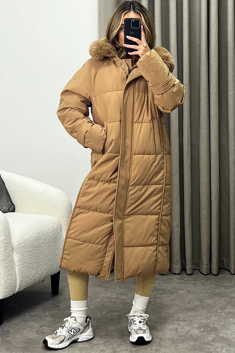 Melanie Beige Faux Fur Hooded Padded Longline Coat