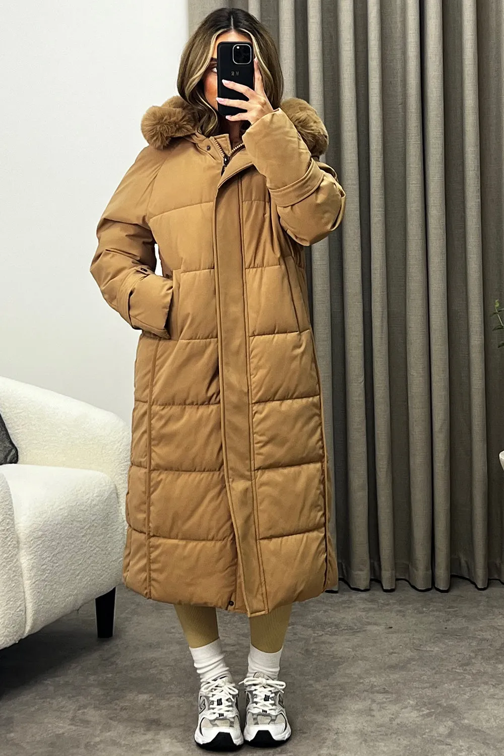 Melanie Beige Faux Fur Hooded Padded Longline Coat