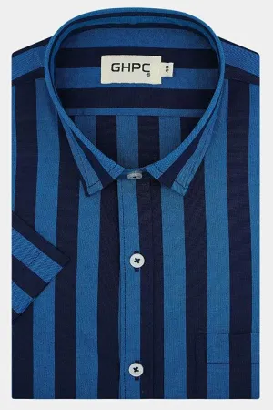 Men's 100% Cotton Awning Striped Half Sleeves Shirt (Blue)