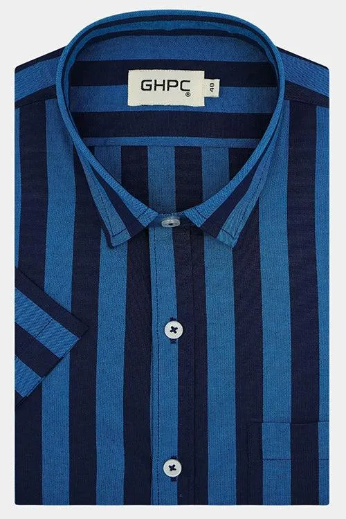 Men's 100% Cotton Awning Striped Half Sleeves Shirt (Blue)