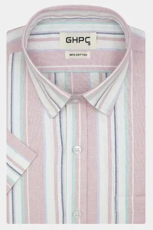 Men's 100% Cotton Balance Striped Half Sleeves Shirt (Pink)