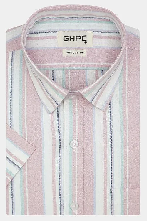 Men's 100% Cotton Balance Striped Half Sleeves Shirt (Pink)