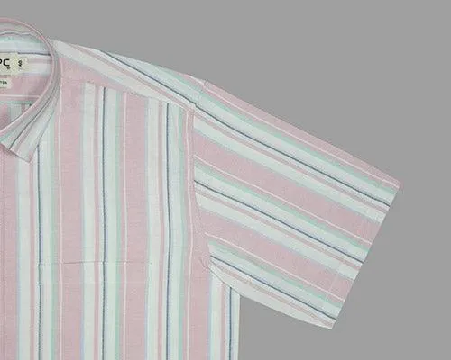 Men's 100% Cotton Balance Striped Half Sleeves Shirt (Pink)
