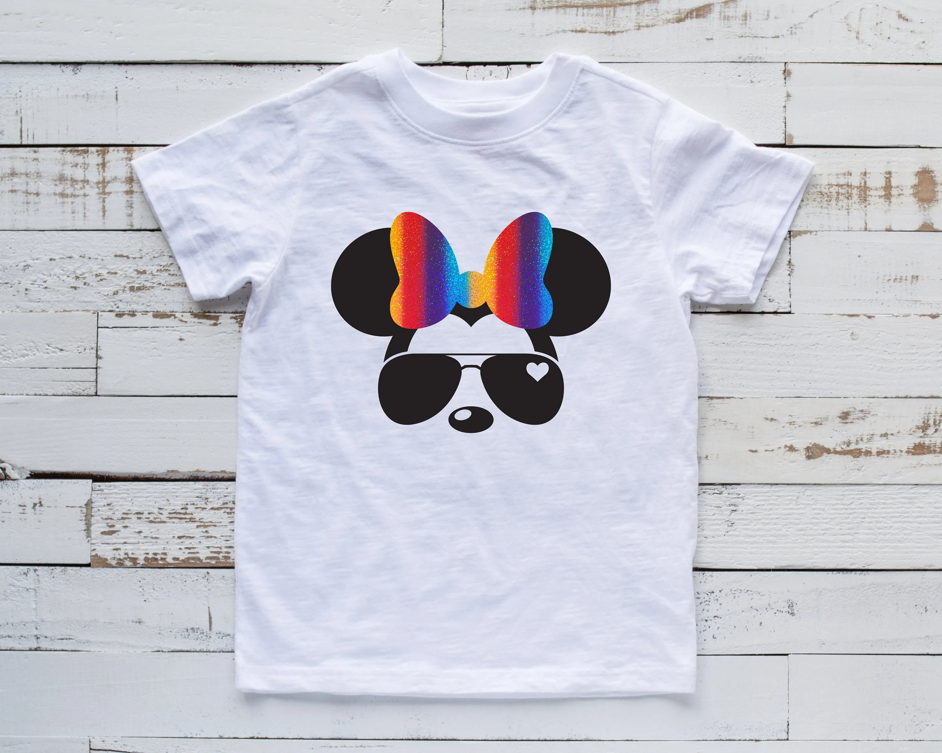Minnie Mouse Aviator Sunglasses Disney T shirt -  infant Toddler or Youth - Rainbow Glitter