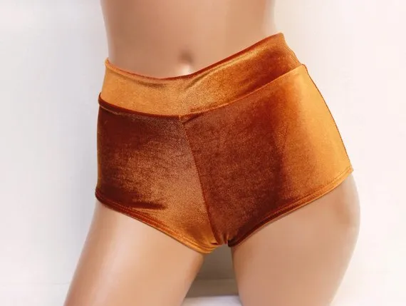 Plush Velvet Highwaist Cheeky Shorts in Caramel
