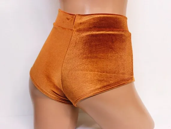 Plush Velvet Highwaist Cheeky Shorts in Caramel