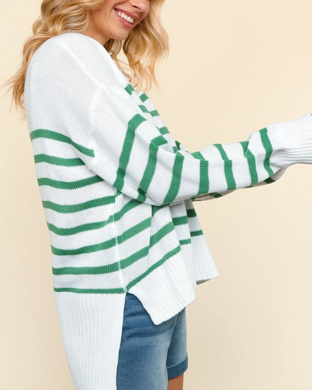 Pullover High Low Stripe Sweater - White/Green - FINAL SALE