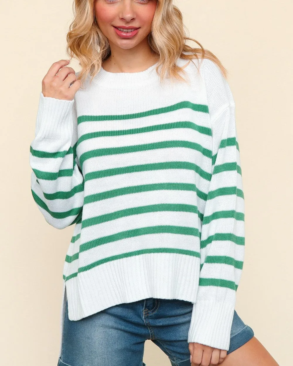 Pullover High Low Stripe Sweater - White/Green - FINAL SALE