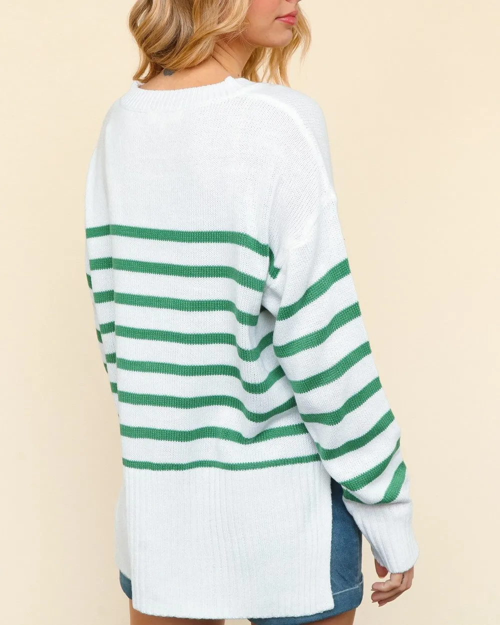 Pullover High Low Stripe Sweater - White/Green - FINAL SALE