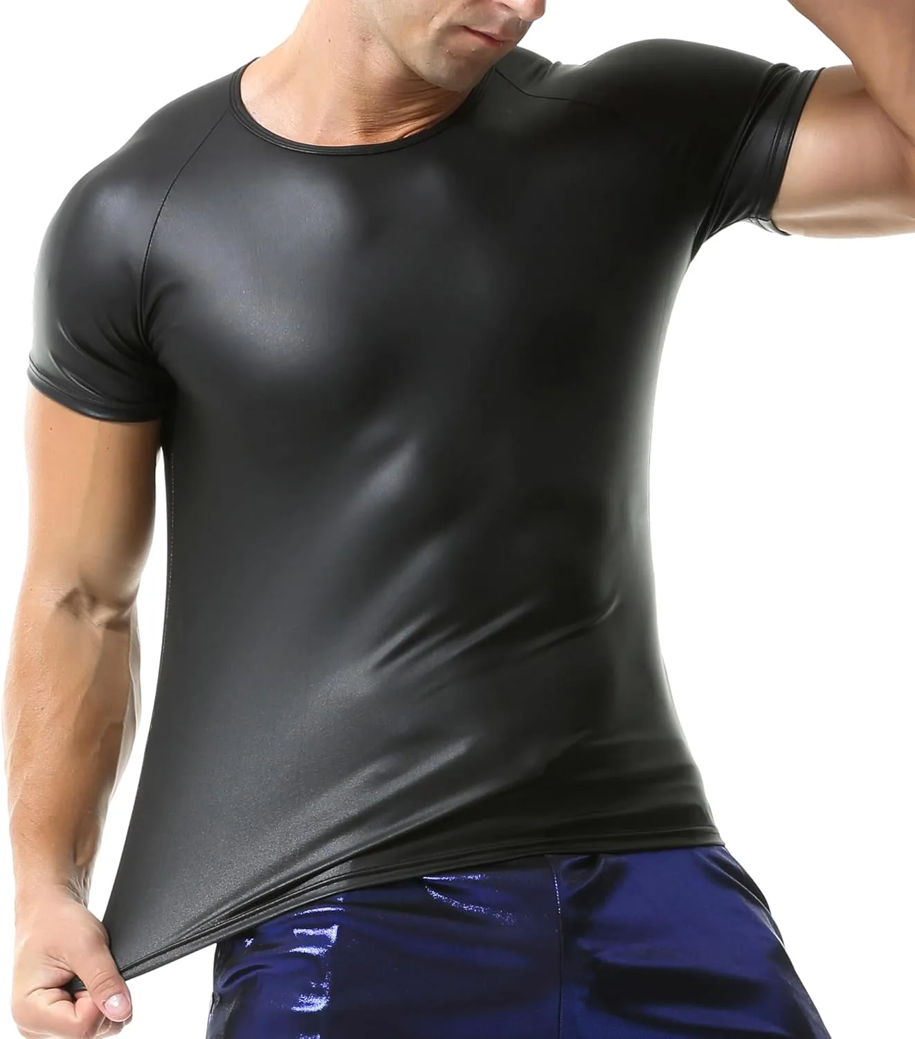 QiaTi Men's Faux Leather Polo Shirts Men Short Slevees Tops with Zipper Muscle Fit Collared Shirts for Casual Workout Shirts