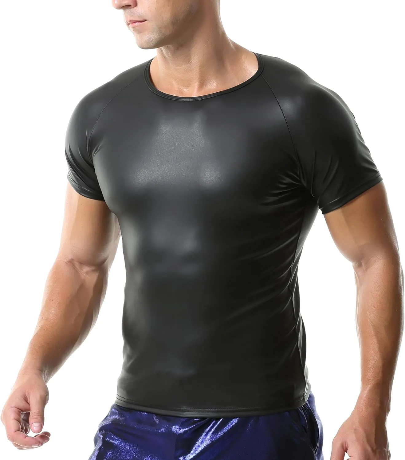 QiaTi Men's Faux Leather Polo Shirts Men Short Slevees Tops with Zipper Muscle Fit Collared Shirts for Casual Workout Shirts