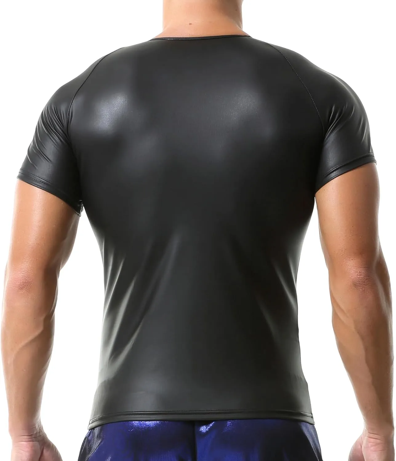 QiaTi Men's Faux Leather Polo Shirts Men Short Slevees Tops with Zipper Muscle Fit Collared Shirts for Casual Workout Shirts