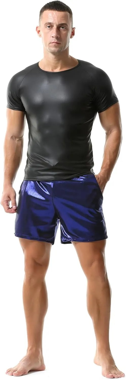 QiaTi Men's Faux Leather Polo Shirts Men Short Slevees Tops with Zipper Muscle Fit Collared Shirts for Casual Workout Shirts