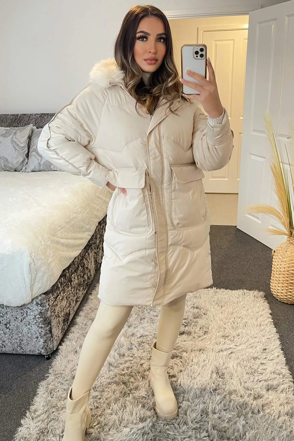 Riley Beige Padded Faux Fur Trim Hooded Longline Coat