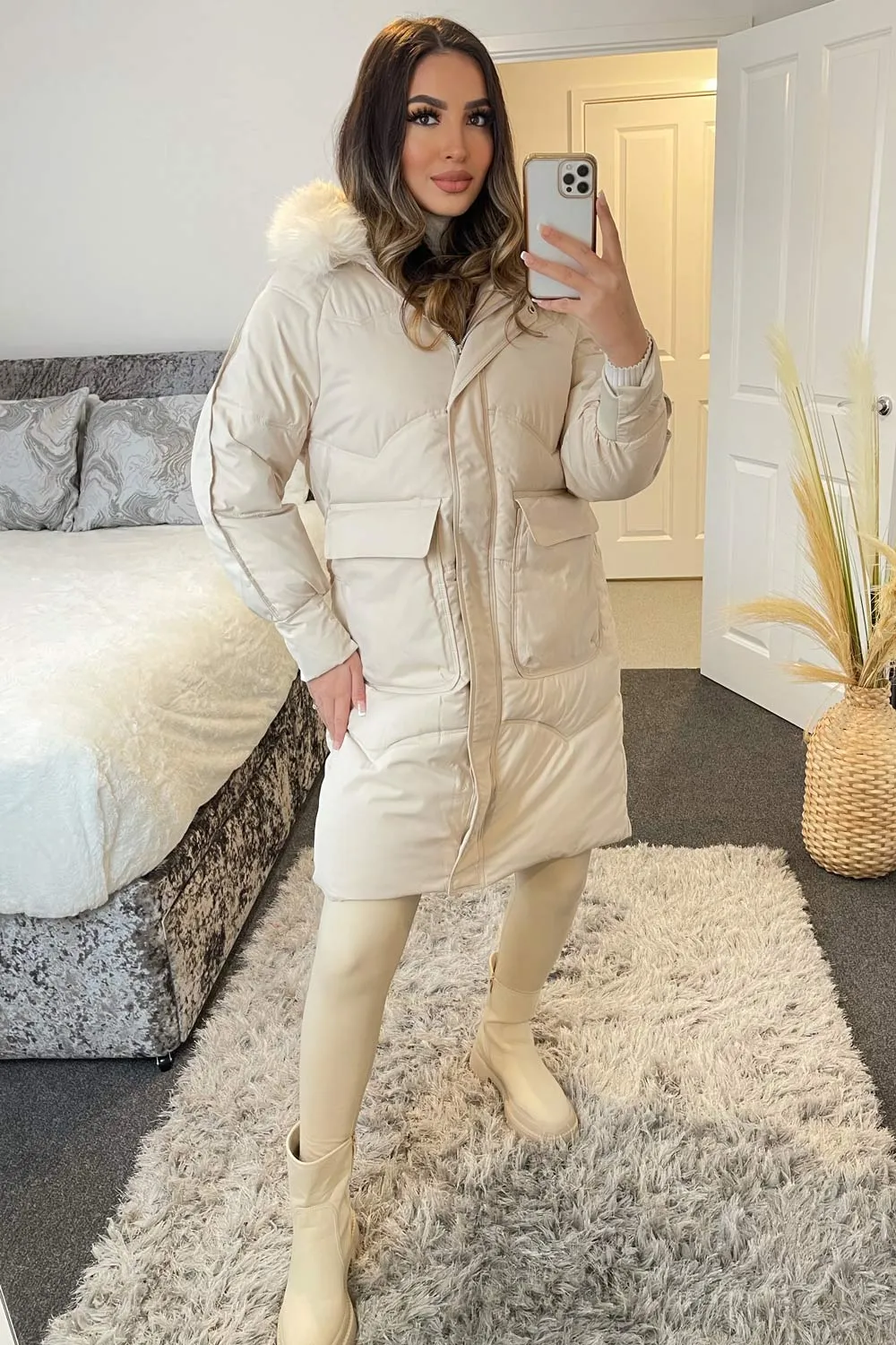 Riley Beige Padded Faux Fur Trim Hooded Longline Coat