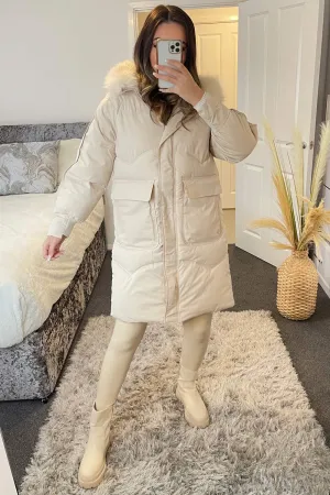 Riley Beige Padded Faux Fur Trim Hooded Longline Coat