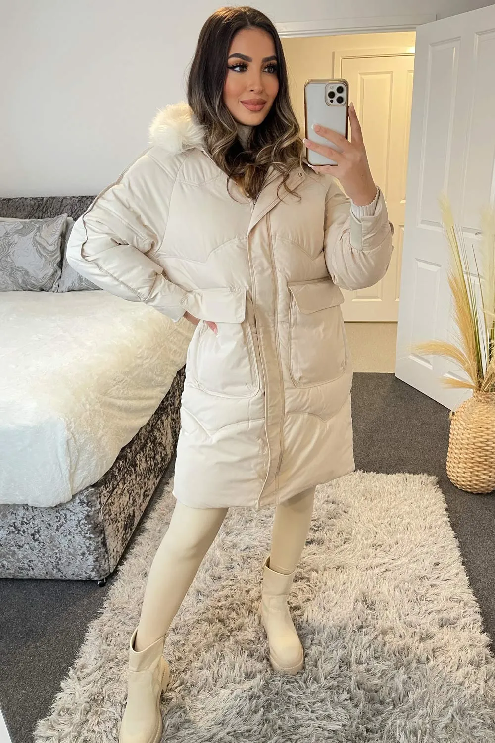 Riley Beige Padded Faux Fur Trim Hooded Longline Coat