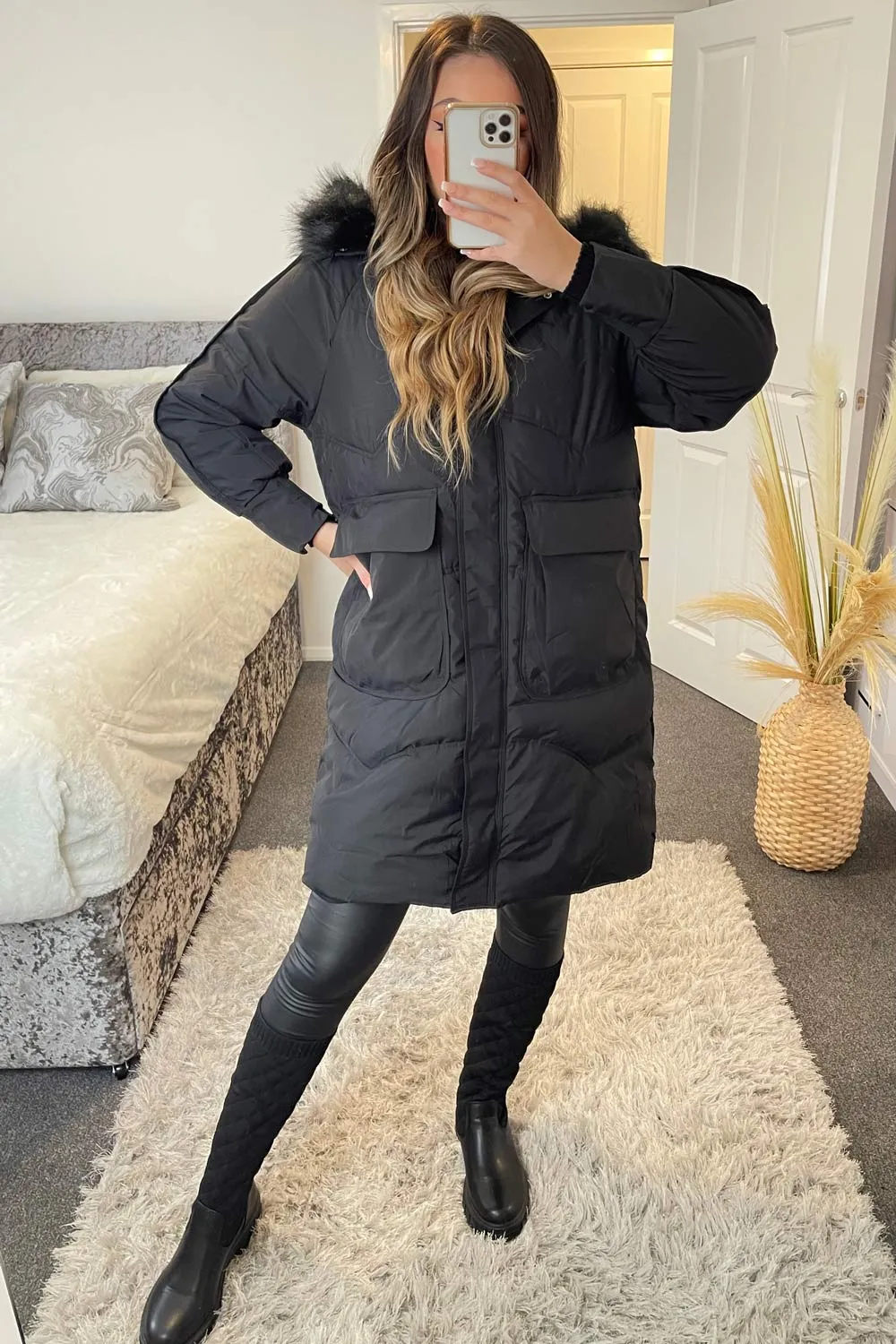 Riley Black Padded Faux Fur Trim Hooded Longline Coat