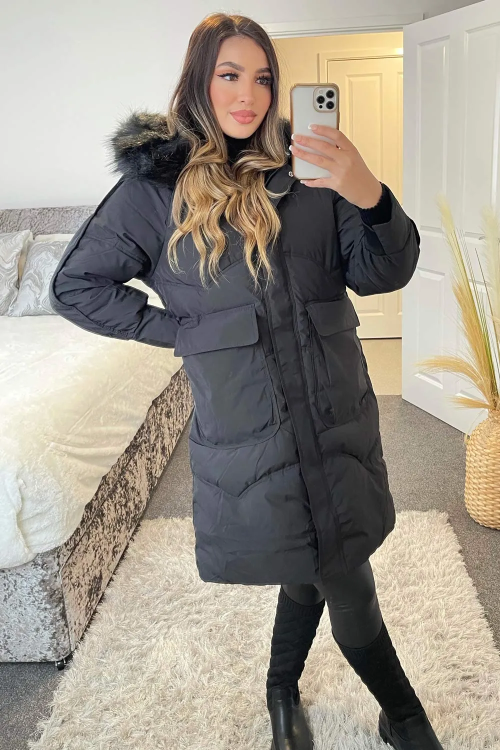 Riley Black Padded Faux Fur Trim Hooded Longline Coat