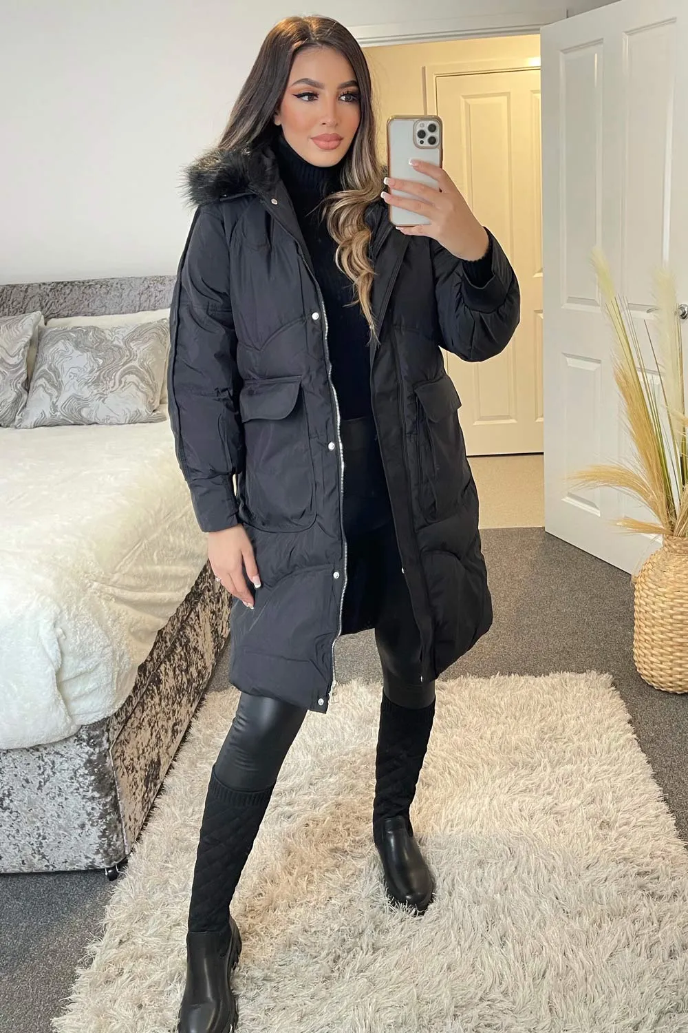 Riley Black Padded Faux Fur Trim Hooded Longline Coat