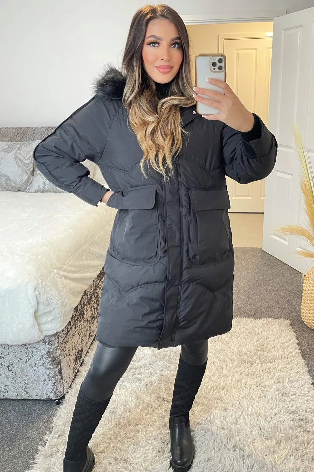 Riley Black Padded Faux Fur Trim Hooded Longline Coat