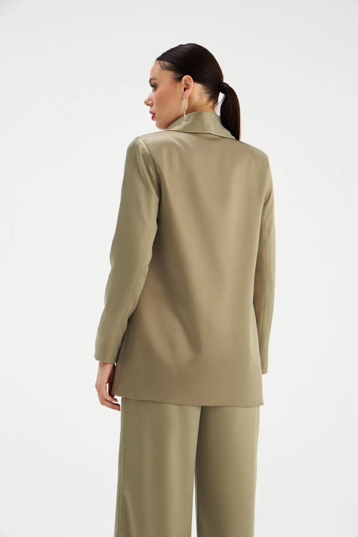 Shawl Collar Satin Jacket - OLIVE