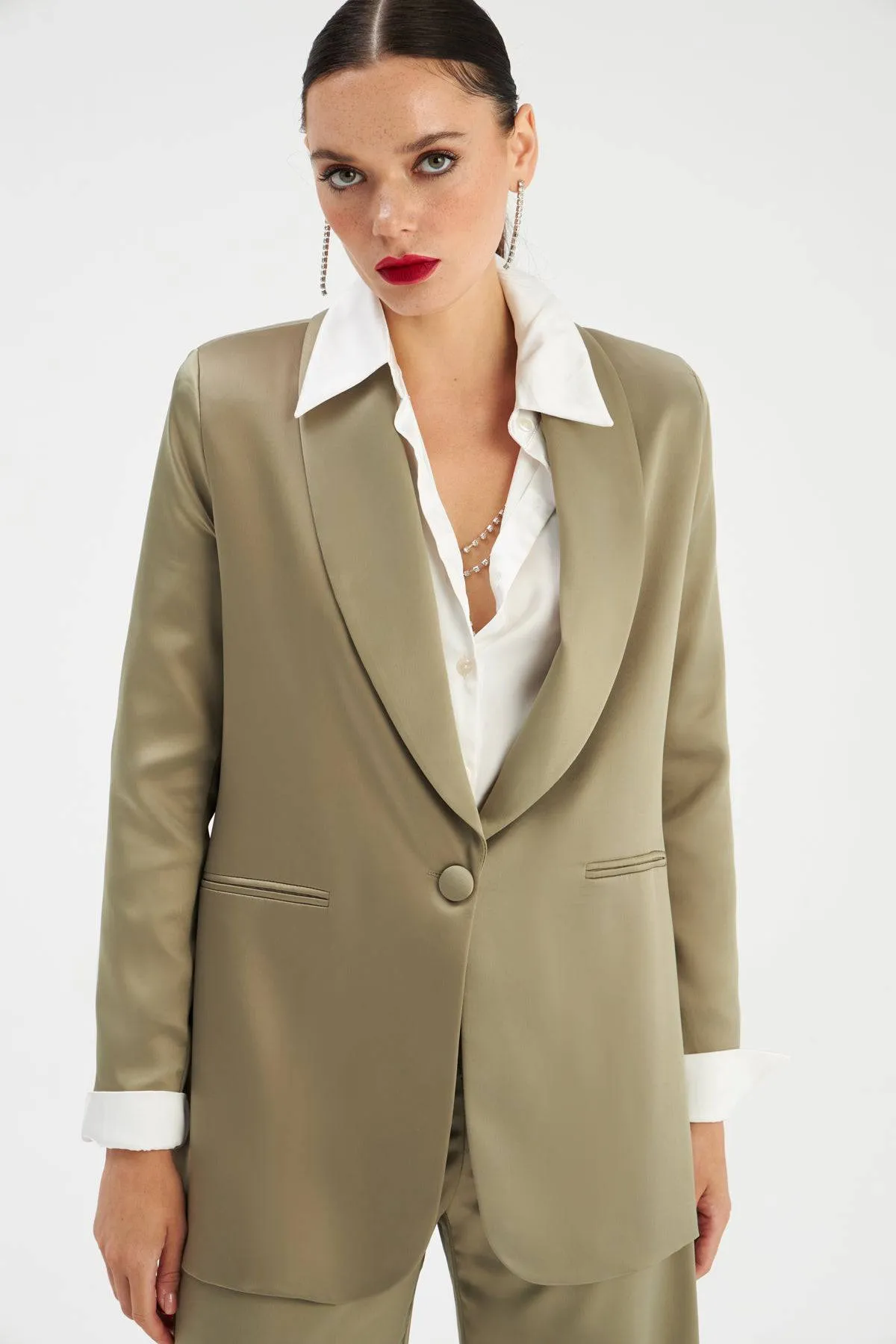 Shawl Collar Satin Jacket - OLIVE