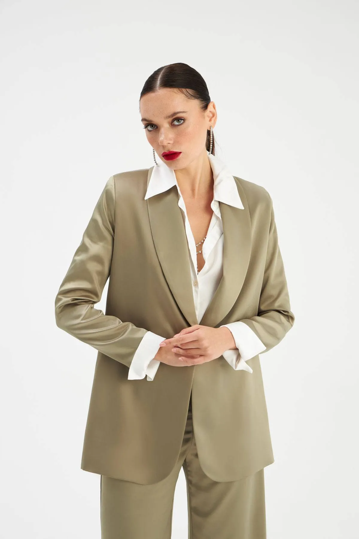 Shawl Collar Satin Jacket - OLIVE