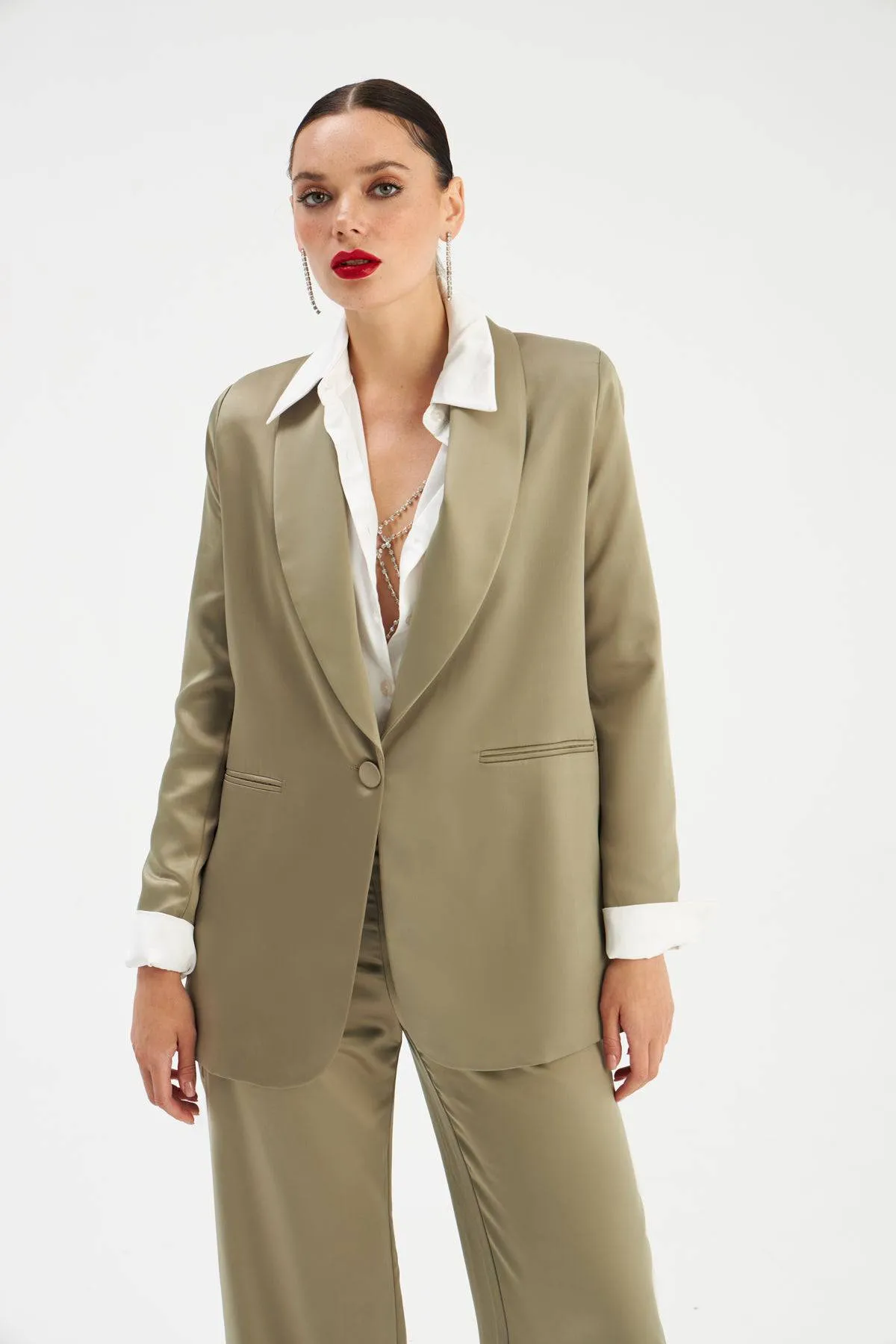 Shawl Collar Satin Jacket - OLIVE